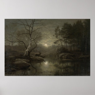 ムーンライトフォレストランドスケープ絵画ヴィンテージ ポスター