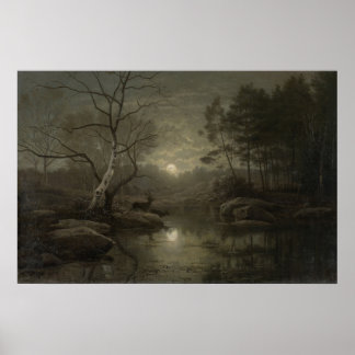 ムーンライトフォレストランドスケープ絵画ヴィンテージ ポスター