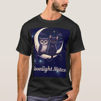 ムーンライトメイツ かわいい黒猫とフクロウの三日月 Tシャツ