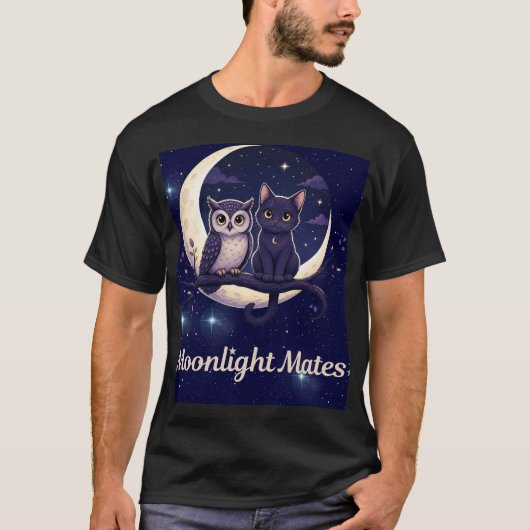 ムーンライトメイツ かわいい黒猫とフクロウの三日月 Tシャツ (正面)