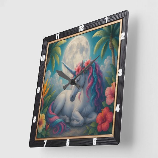 ムーンライトユニコーン熱帯花 スクエア壁時計 (傾斜)