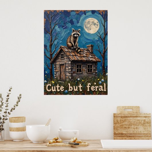 ムーンライトルックアウト:キャビンの屋根の上のラクーン ポスター (キッチン)