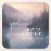 ムーンライトレイクフォレストウッドランド結婚ファンタジー スクエアペーパーコースター (正面)