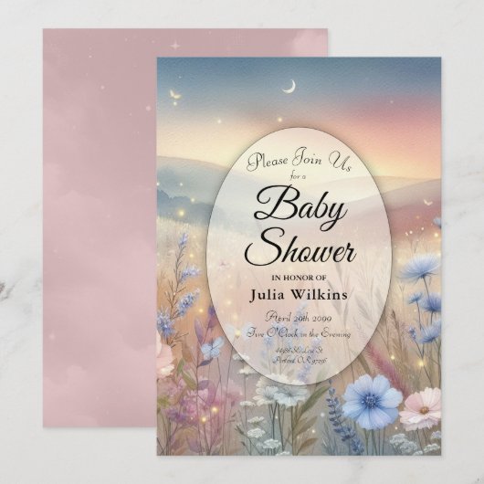 ムーンライトワイルドフラワーウィスパーベビーシャワー 招待状 (正面/裏面)