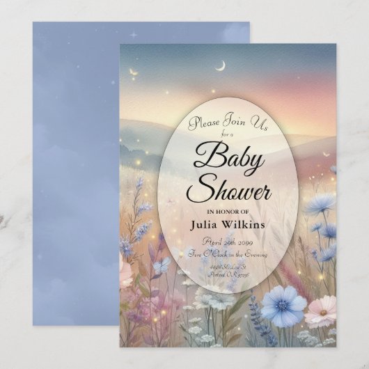 ムーンライトワイルドフラワーウィスパーベビーシャワー 招待状 (正面/裏面)