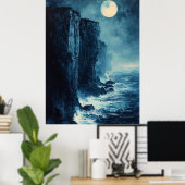 ムーンライト海の崖（モノクロブルー） ポスター (ホームオフィス)