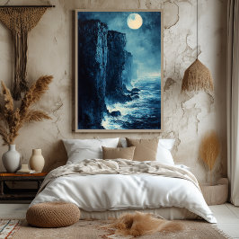 ムーンライト海の崖（モノクロブルー） ポスター