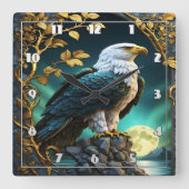 ムーンライト湖に浮かぶワシ スクエア壁時計 (正面)