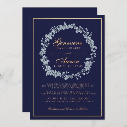 ムーンライト開花 |深いネイビー結婚式招待状 招待状 (正面/裏面)