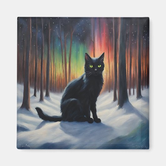 ムーンライト魔法：雪の森の中の黒猫 マグネット (正面)