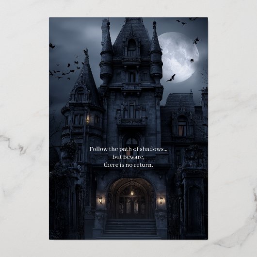 ムーンライ幽霊のよく出るトハウス – ミステリーハローウィンパーティ 箔招待状 (裏面)