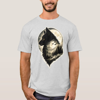 ムーンリットウルフフォレストシルエット野生生物自然スティ Tシャツ