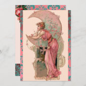 ムーンレディとバラ,ピンク色のブルーダマスクの花 招待状 (正面/裏面)