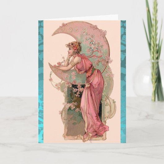 ムーンレディ、花とバラ、ピンクブルーダマスク カード (正面)