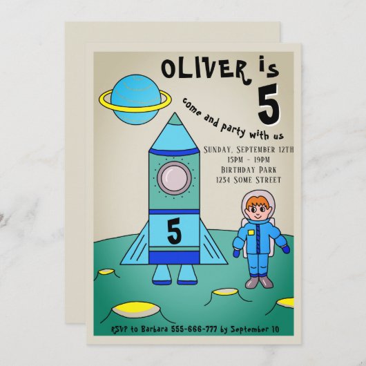 ムーンロケット宇宙飛行士子供の誕生日パーティー 招待状 (正面/裏面)
