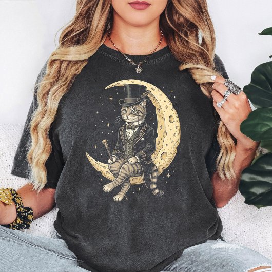 ムーン上のダンディーな紳士猫 ビンテージ Tシャツ
