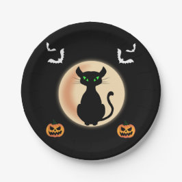 ムーン不気味ハロウィーンの黒猫の緑の目 ペーパープレート