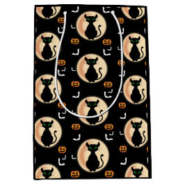 ムーン不気味ハロウィーンの黒猫の緑の目 ミディアムペーパーバッグ