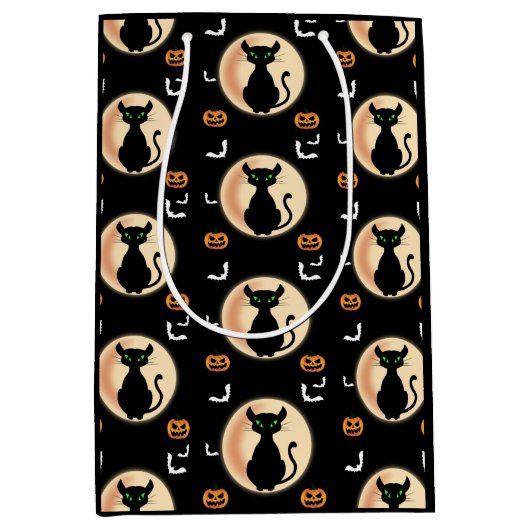 ムーン不気味ハロウィーンの黒猫の緑の目 ミディアムペーパーバッグ (正面)