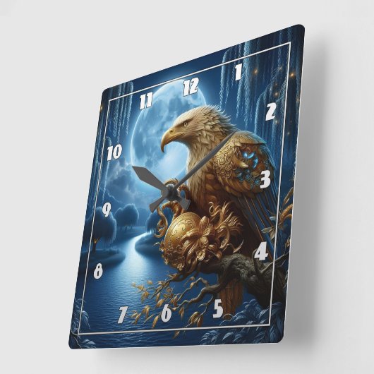 ムーン威厳のあるライト川に囲まれたワシ スクエア壁時計 (傾斜)