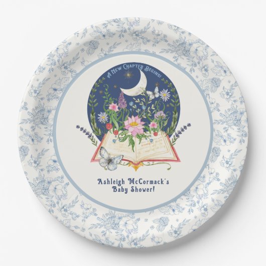 ムーン新しいチャプターがブックバタフライブルーフローラ ペーパープレート (正面)