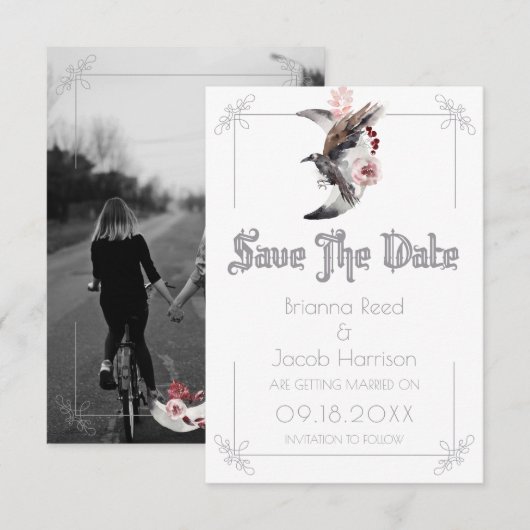 ムーン・アンド・レイブン・ウォーターカラー・ウェディング・セーブ・ザ・デート 招待状 (正面/裏面)