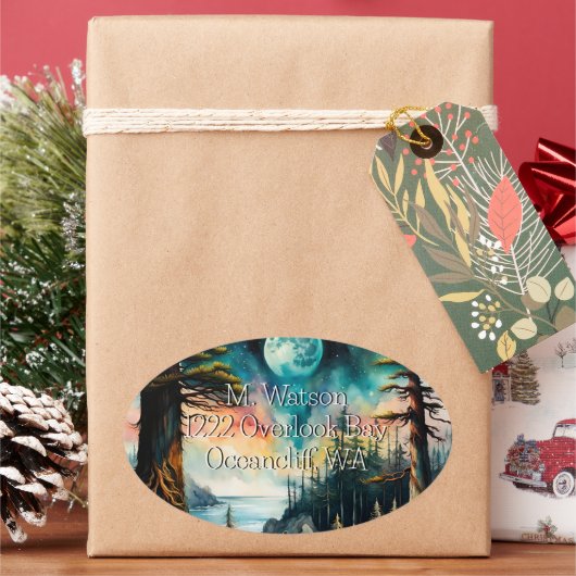 ムーン・オーバー・ア・海・ベイ・アドレス 楕円形シール (クリスマス)