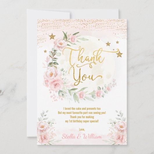 ムーン&スターズガール誕生日赤面ピンク金ゴールドフローラ  サンキューカード (正面)