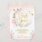ムーン&スターズガール誕生日赤面ピンク金ゴールドフローラ  サンキューカード (正面/裏面)