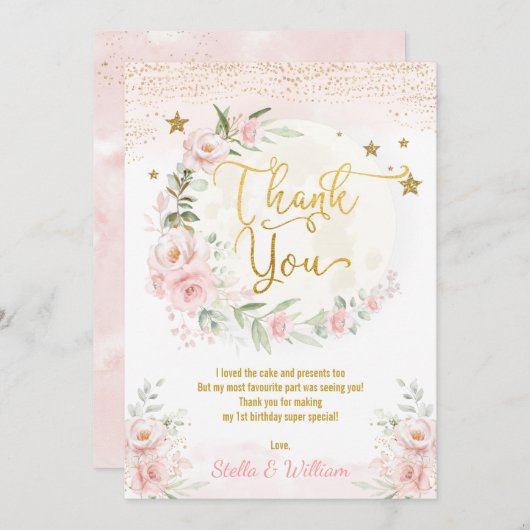 ムーン&スターズガール誕生日赤面ピンク金ゴールドフローラ  サンキューカード (正面/裏面)