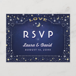 ムーン&スターズネイビーブルー金ゴールドホワイトマッチングRSVP インビテーションポストカード