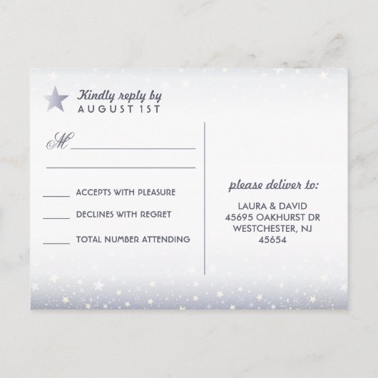 ムーン&スターズネイビーブルー金ゴールドホワイトマッチングRSVP インビテーションポストカード (裏面)