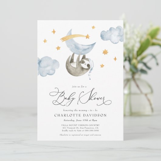ムーン&スターズベビーアニマルブルーボーイベビーシャワー 招待状 (スタンド正面)