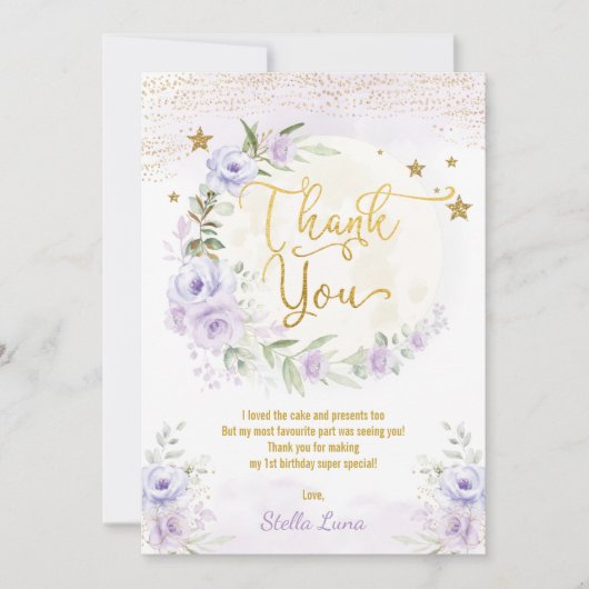 ムーン&スターズ誕生日パープル金ゴールドフローラ サンキューカード (正面)