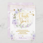 ムーン&スターズ誕生日パープル金ゴールドフローラ サンキューカード (正面/裏面)