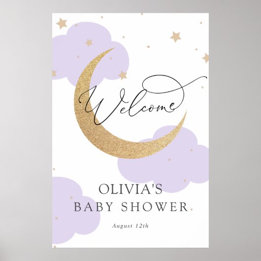 ムーン&スターズ パープル ベビーシャワー ウェルカムサイン ポスター (正面)