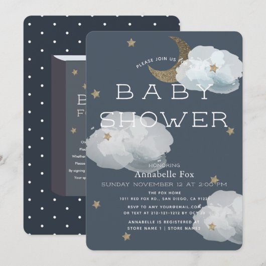 ムーン、スター＆クラウズ ネイビー ベビーシャワー 招待状 (正面/裏面)