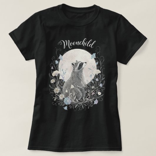 ムーン・チャイルドの癒しアライグマ 神秘の森 ブルー Tシャツ (デザイン正面)