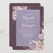 ムーヴとパープルのヴィンテージフローラ秋の結婚式 招待状 (正面/裏面)