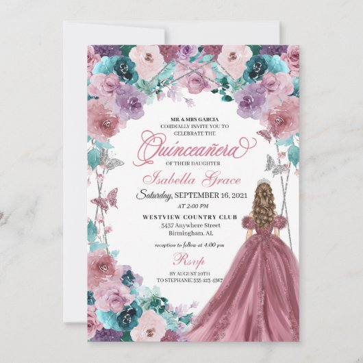 ムーヴパープルティール(緑がかった色)ピンクサンセットキンセアニェラ 招待状 (正面)