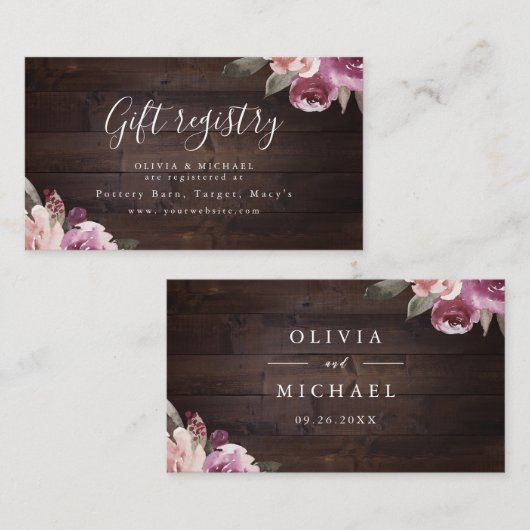 ムーヴパープルフローラ素朴なブライダルシャワーレジストリ プレイスカード (正面/裏面)