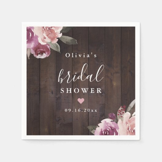ムーヴパープルフローラ素朴な木材ブライダルシャワー スタンダードカクテルナプキン (正面)