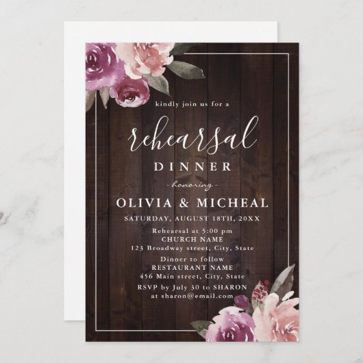 ムーヴパープルフローラ素朴な木材リハーサルディナー 招待状 (正面/裏面)