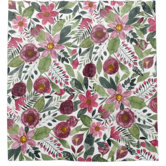 ムーヴピンクの森の緑の水色の花葉の花 シャワーカーテン (正面)