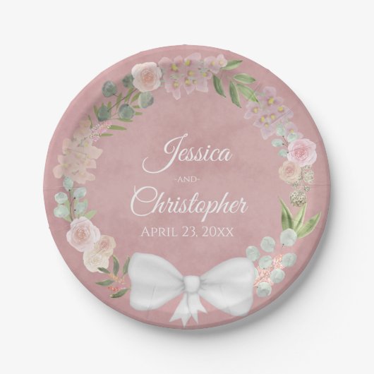 ムーヴピンクウォーターカラーフローラリース結婚ズ ペーパープレート (正面)