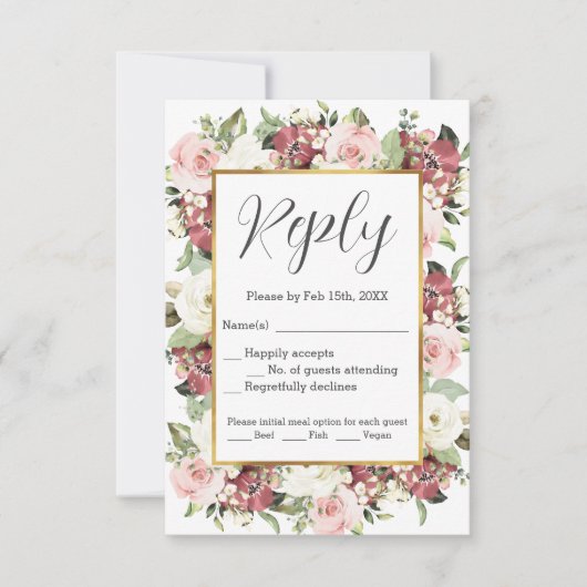 ムーヴピンクグリーン花模様金ゴールドフレーム水彩 出欠カード (正面)