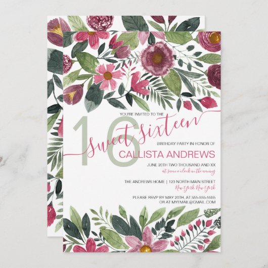 ムーヴピンクフォレストウォーターカラーフローラリーフスウィート16 招待状 (正面/裏面)