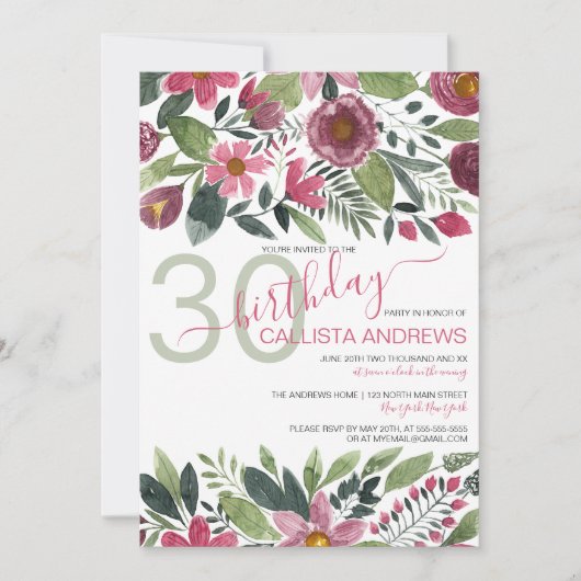 ムーヴピンクフォレストウォーターカラーフローラリーフ誕生日 招待状 (正面)