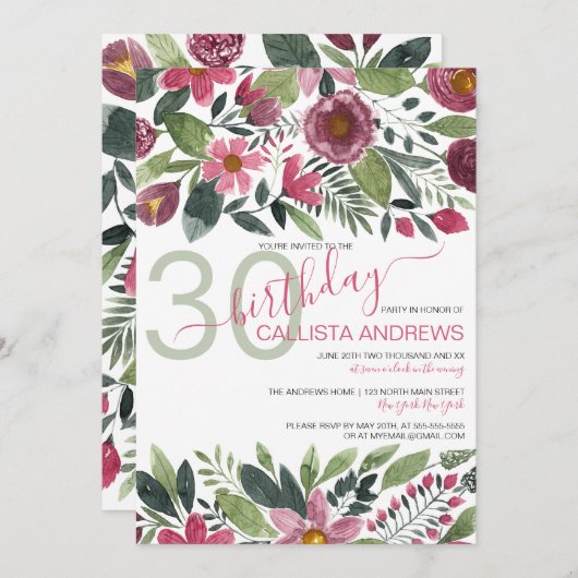 ムーヴピンクフォレストウォーターカラーフローラリーフ誕生日 招待状 (正面/裏面)
