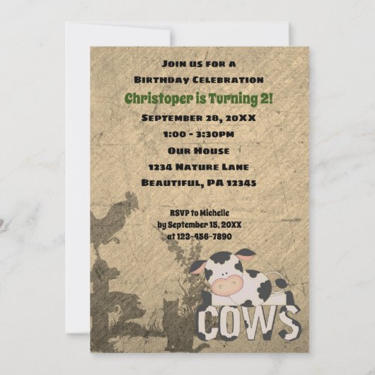 ムー!ルックスフツフツウツウフウファームヴィンテージ誕生日 招待状 (裏面)